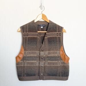 Ralph Lauren Vest Medium Waistcoat Plaid Wool USA Leather Tan Brown Grey Snap